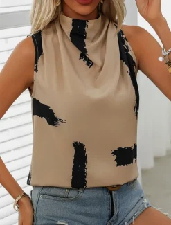Women's Camisole Tank Top Casual Print Sleeveless Regular Tops High Neck Vacation Daily Khaki Summer
