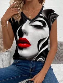 Women's Camisole Tank Top Abstract Casual Short Sleeve V Neck Regular Tops Daily Print Black Summer