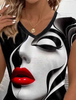Women's Camisole Tank Top Abstract Casual Short Sleeve V Neck Regular Tops Daily Print Black Summer