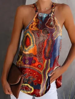 Women's Camisole Tank Top Halter Summer Tops Basic Print Sleeveless Regular Tops Halter Neck Casual Weekend Red