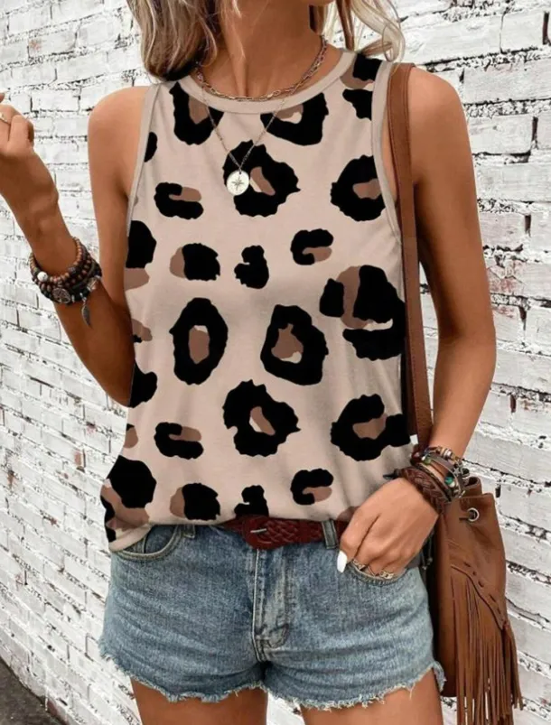 Women's Camisole Tank Top Vest Fashion Streetwear Print Sleeveless Regular Tops Crew Neck Casual Pink Brown Green Khaki Summer