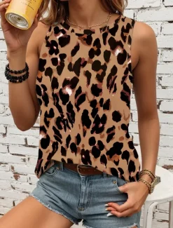Women's Camisole Tank Top Vest Fashion Streetwear Print Sleeveless Regular Tops Crew Neck Casual Pink Brown Green Khaki Summer