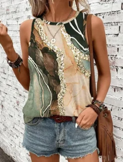 Women's Camisole Tank Top Vest Fashion Streetwear Print Sleeveless Regular Tops Crew Neck Casual Pink Brown Green Khaki Summer