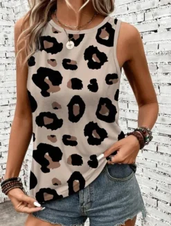 Women's Camisole Tank Top Vest Fashion Streetwear Print Sleeveless Regular Tops Crew Neck Casual Pink Brown Green Khaki Summer