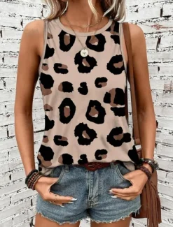 Women's Camisole Tank Top Vest Fashion Streetwear Print Sleeveless Regular Tops Crew Neck Casual Pink Brown Green Khaki Summer
