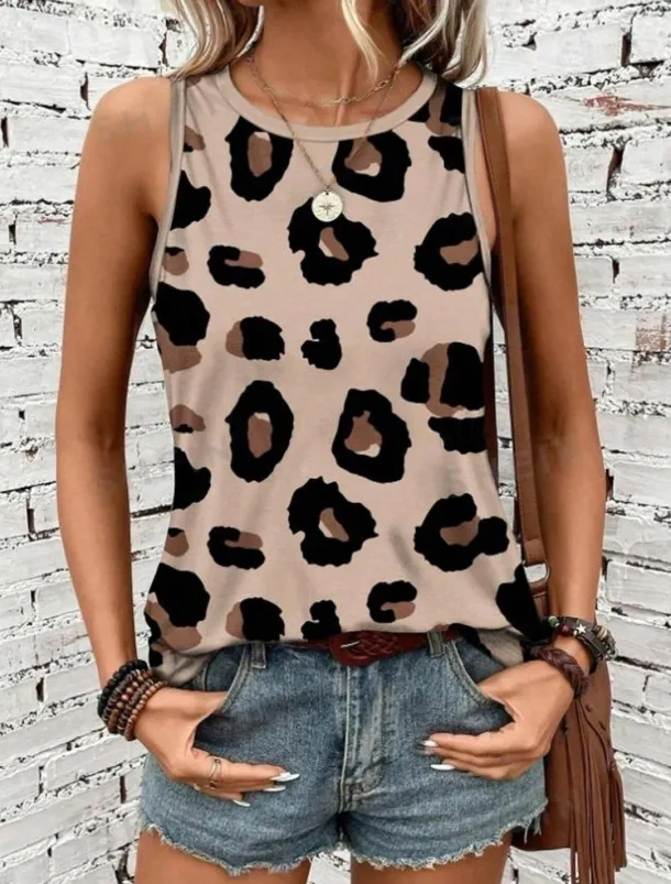 Women's Camisole Tank Top Vest Fashion Streetwear Print Sleeveless Regular Tops Crew Neck Casual Pink Brown Green Khaki Summer