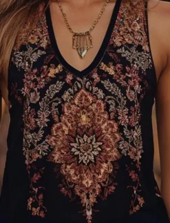 Women's Camisole Tank Top Floral Graphic Bohemia Daily Ethnic Sleeveless V Neck Regular Tops Daily Holiday Going out Black Summer Spring