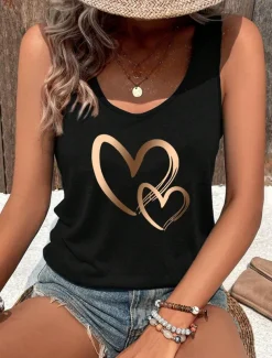 Women's Camisole Tank Top Heart Fashion Sleeveless Crew Neck Regular Tops Daily Print Black Summer