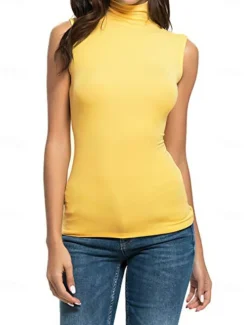 Women's Camisole Tank Top Plain Fashion Sleeveless High Neck Regular Tops Casual Black White Yellow Purple Fuchsia Spring & Summer