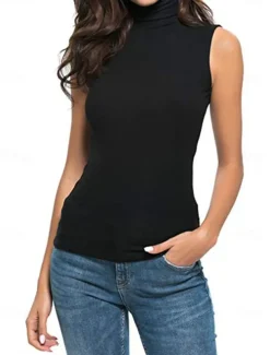 Women's Camisole Tank Top Plain Fashion Sleeveless High Neck Regular Tops Casual Black White Yellow Purple Fuchsia Spring & Summer