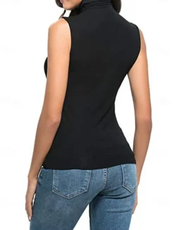 Women's Camisole Tank Top Plain Fashion Sleeveless High Neck Regular Tops Casual Black White Yellow Purple Fuchsia Spring & Summer