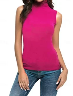 Women's Camisole Tank Top Plain Fashion Sleeveless High Neck Regular Tops Casual Black White Yellow Purple Fuchsia Spring & Summer