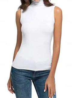 Women's Camisole Tank Top Plain Fashion Sleeveless High Neck Regular Tops Casual Black White Yellow Purple Fuchsia Spring & Summer