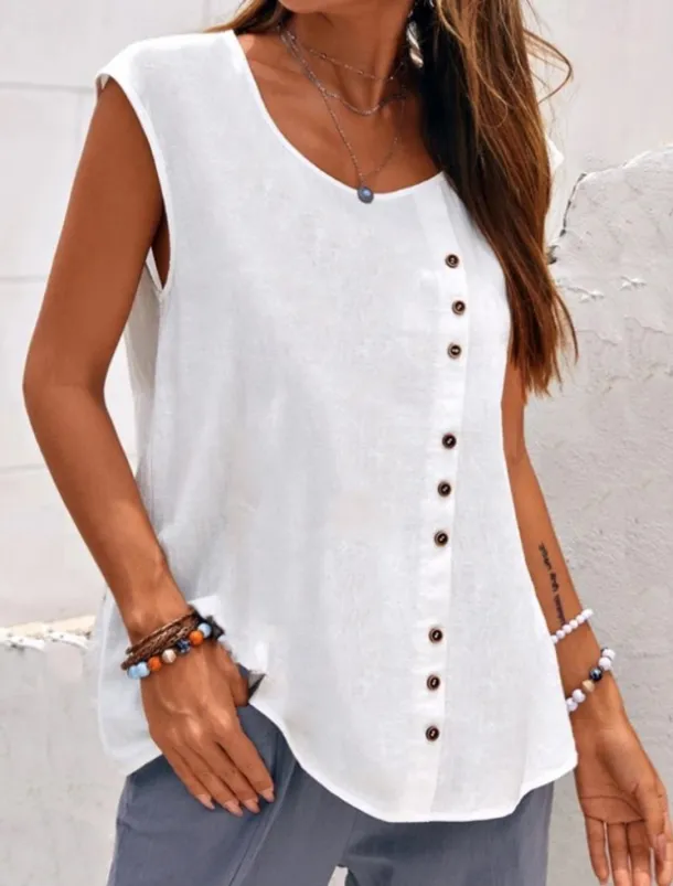 Women's Camisole Tank Top Plain Hawaiian Basic Sleeveless Round Neck Cotton Linen Vest Casual Weekend Buttons Black White Blue Green
