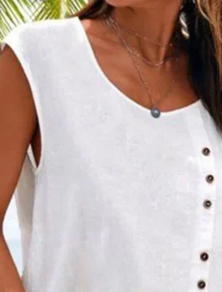 Women's Camisole Tank Top Plain Hawaiian Basic Sleeveless Round Neck Cotton Linen Vest Casual Weekend Buttons Black White Blue Green