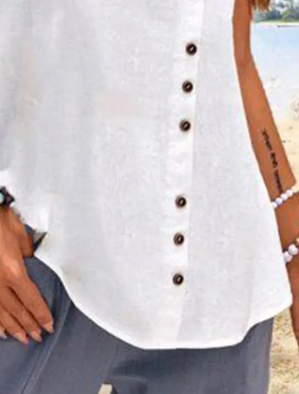 Women's Camisole Tank Top Plain Hawaiian Basic Sleeveless Round Neck Cotton Linen Vest Casual Weekend Buttons Black White Blue Green