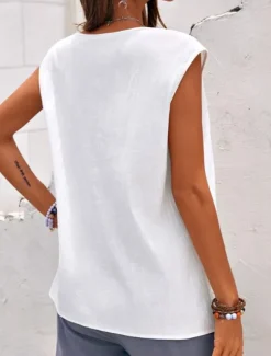 Women's Camisole Tank Top Plain Hawaiian Basic Sleeveless Round Neck Cotton Linen Vest Casual Weekend Buttons Black White Blue Green