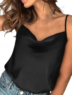 Women's Camisole Tank Top Solid Color Stylish Casual Sleeveless V Neck Regular Tops Daily Patchwork Black Red Blue Green Summer Spring