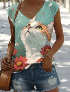 Women's Camisole Tank Top Graphic Animal Cat Vintage Stylish Casual Sleeveless V Neck Regular Tops Daily Print Green Summer Spring