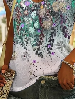 Women's Camisole Tank Top Stylish Casual Ombre Floral Print Sleeveless Regular Tops V Neck Daily Dusty Blue Summer
