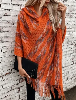 Women's Cape Casual Striped V Neck Hooded Tassel Sleeveless Long Tops Knit Formal Outdoor Going out Red Brown White Fall Winter