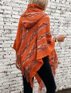 Women's Cape Casual Striped V Neck Hooded Tassel Sleeveless Long Tops Knit Formal Outdoor Going out Red Brown White Fall Winter