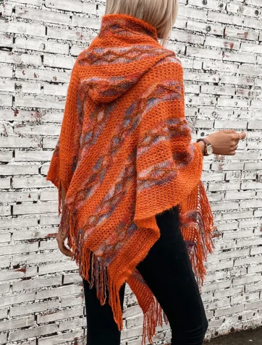 Women's Cape Casual Striped V Neck Hooded Tassel Sleeveless Long Tops Knit Formal Outdoor Going out Red Brown White Fall Winter