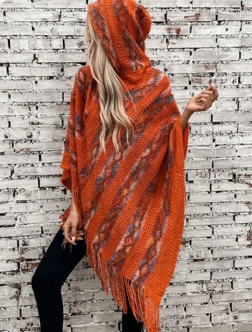 Women's Cape Casual Striped V Neck Hooded Tassel Sleeveless Long Tops Knit Formal Outdoor Going out Red Brown White Fall Winter