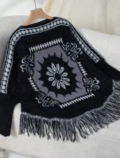 Women's Cape Daily Casual Graphic Geometric Print Boat Neck Knitted Long Sleeve Regular Tops Knit Home Work Black Beige Fall Winter