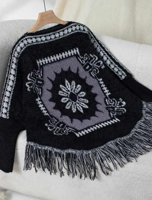 Women's Cape Daily Casual Graphic Geometric Print Boat Neck Knitted Long Sleeve Regular Tops Knit Home Work Black Beige Fall Winter