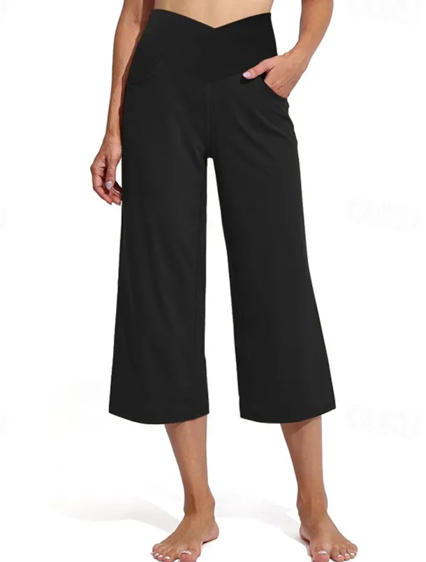 Women's Capri Pants Flares Pocket High Waist Yoga Gym Workout Pilates Capri Pants Black Burgundy Dark Navy Sports Activewear Stretchy Loose Fit