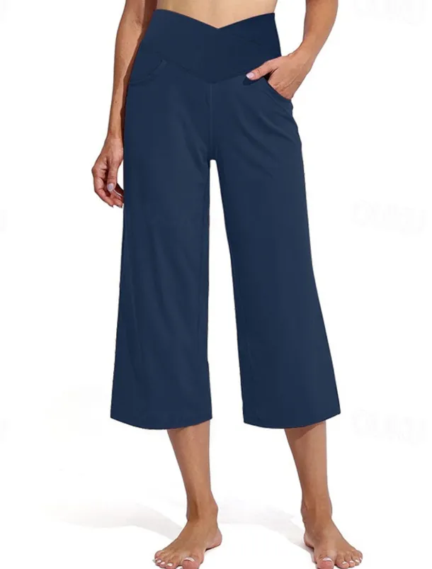 Women's Capri Pants Flares Pocket High Waist Yoga Gym Workout Pilates Capri Pants Black Burgundy Dark Navy Sports Activewear Stretchy Loose Fit