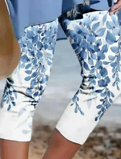 Women's Capri Pants Leggings Vacation Vintage Fashion Capris High Waist Graphic Leaf Gradient Printing Soft Breathable Stretchy Outdoor Vacation Street Gray Green Violet Light Blue Coffee Summer