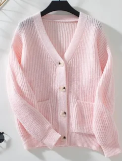 Women's Cardigan Casual Pure Color V Neck Knitted Long Sleeve Regular Tops Knit Daily Black Pink Fall Winter