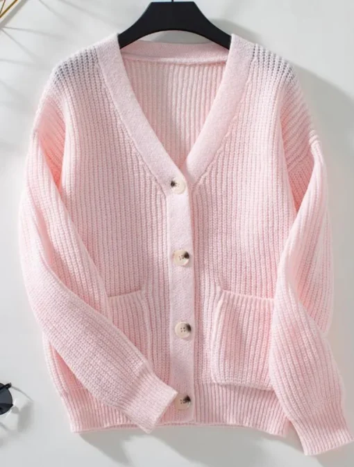 Women's Cardigan Casual Pure Color V Neck Knitted Long Sleeve Regular Tops Knit Daily Black Pink Fall Winter