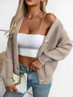 Women's Cardigan Casual Pure Color V Neck Knitted Long Sleeve Regular Tops Knit Daily Black Pink Fall Winter
