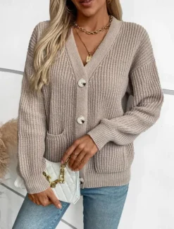 Women's Cardigan Casual Pure Color V Neck Knitted Long Sleeve Regular Tops Knit Daily Black Pink Fall Winter