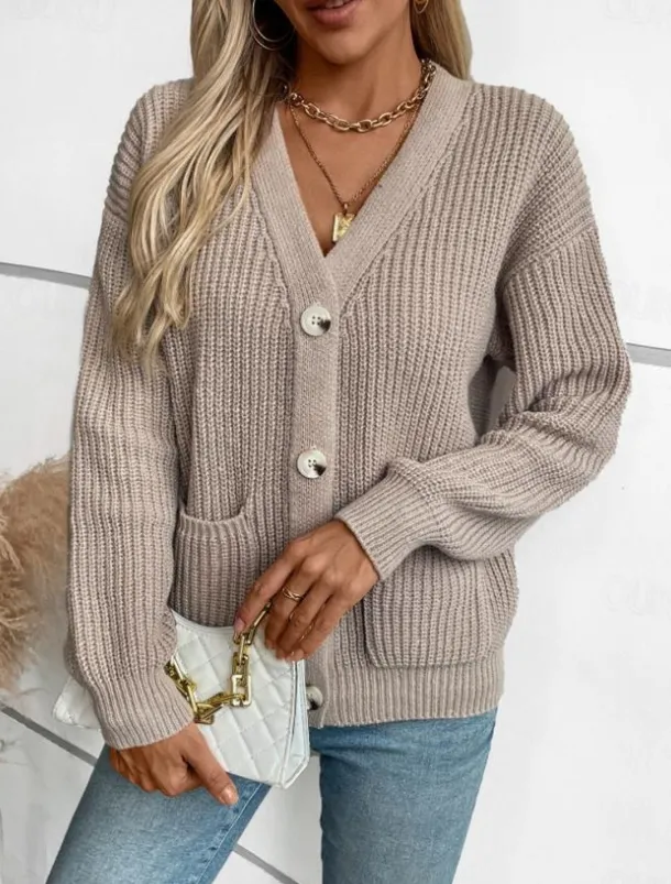 Women's Cardigan Casual Pure Color V Neck Knitted Long Sleeve Regular Tops Knit Daily Black Pink Fall Winter