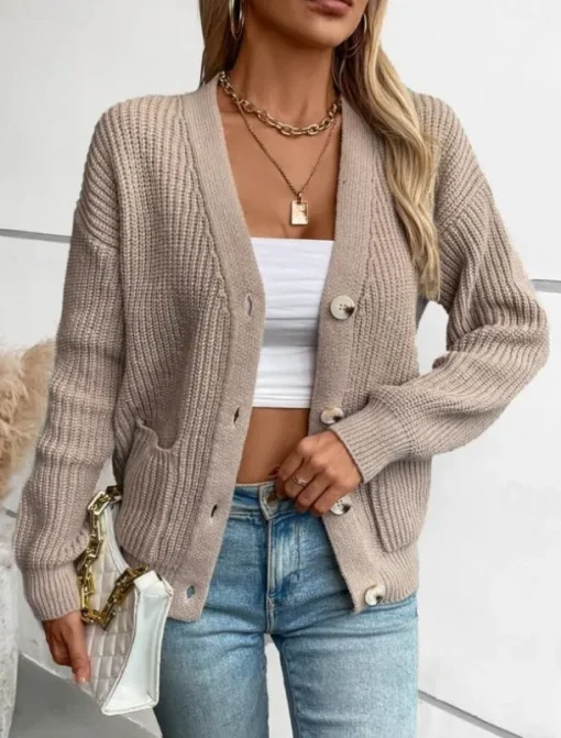 Women's Cardigan Casual Pure Color V Neck Knitted Long Sleeve Regular Tops Knit Daily Black Pink Fall Winter