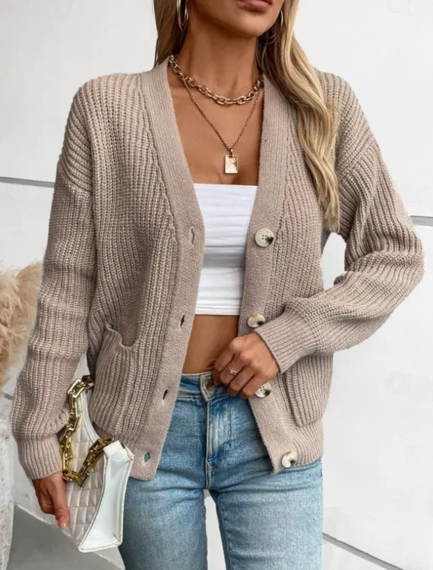 Women's Cardigan Casual Pure Color V Neck Knitted Long Sleeve Regular Tops Knit Daily Black Pink Fall Winter