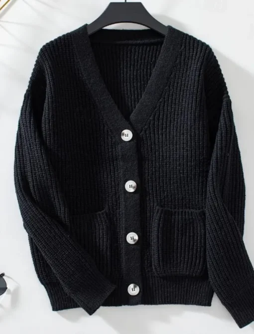 Women's Cardigan Casual Pure Color V Neck Knitted Long Sleeve Regular Tops Knit Daily Black Pink Fall Winter