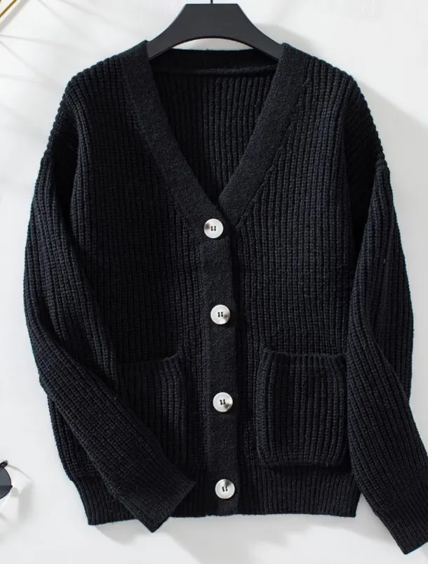 Women's Cardigan Casual Pure Color V Neck Knitted Long Sleeve Regular Tops Knit Daily Black Pink Fall Winter