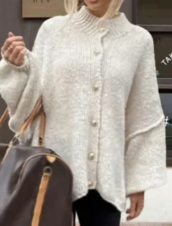 Women's Cardigan Casual Soft Pure Color Ribbed Turtleneck Buttons Knitted Long Sleeve Regular Tops Knit Outdoor Daily Weekend White Army Green Fall Winter