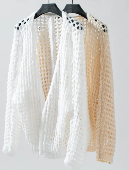 Women's Cardigan Daily Geometric Crochet Open Front Knitted Long Sleeve Long Tops Knit Outdoor Daily Going out White Beige Summer Fall