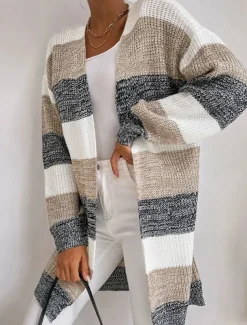 Women's Cardigan Fashion Daily Casual Striped Print Open Front Knitted Long Sleeve Long Tops Knit Work Black Gray Fall Winter