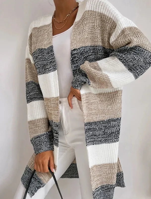 Women's Cardigan Fashion Daily Casual Striped Print Open Front Knitted Long Sleeve Long Tops Knit Work Black Gray Fall Winter