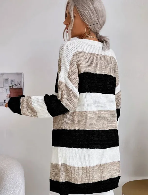 Women's Cardigan Fashion Daily Casual Striped Print Open Front Knitted Long Sleeve Long Tops Knit Work Black Gray Fall Winter