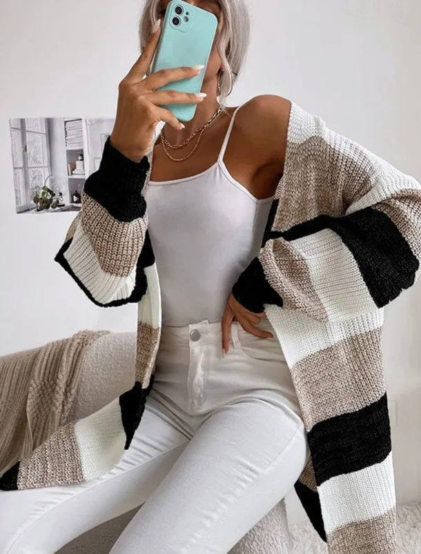 Women's Cardigan Fashion Daily Casual Striped Print Open Front Knitted Long Sleeve Long Tops Knit Work Black Gray Fall Winter