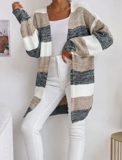 Women's Cardigan Fashion Daily Casual Striped Print Open Front Knitted Long Sleeve Long Tops Knit Work Black Gray Fall Winter