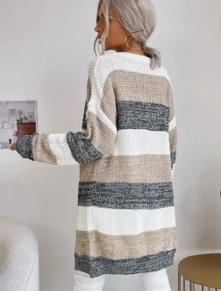Women's Cardigan Fashion Daily Casual Striped Print Open Front Knitted Long Sleeve Long Tops Knit Work Black Gray Fall Winter
